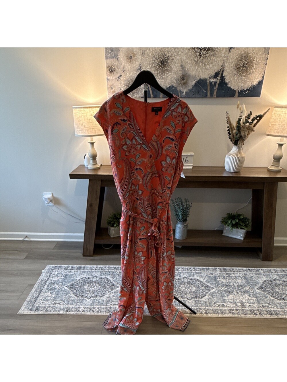 Tahari ASL Orange/Blue Paisley V-Neck Belted Jumpsuit Size 14 Zip SS